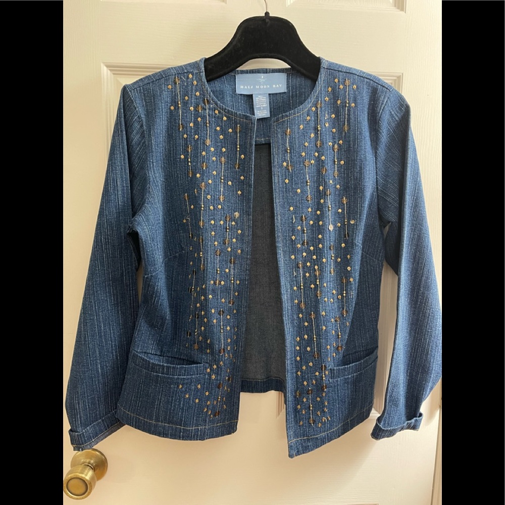 HALF MOON BAY Ladies Denim Jacket Sz S Sequins Beading Decor